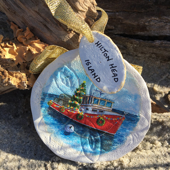 Hilton Head Sandollar Ornament with Boat