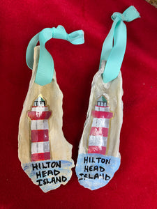 Hilton Head Hand Painted Oyster Shell Ornament with Lighthouse
